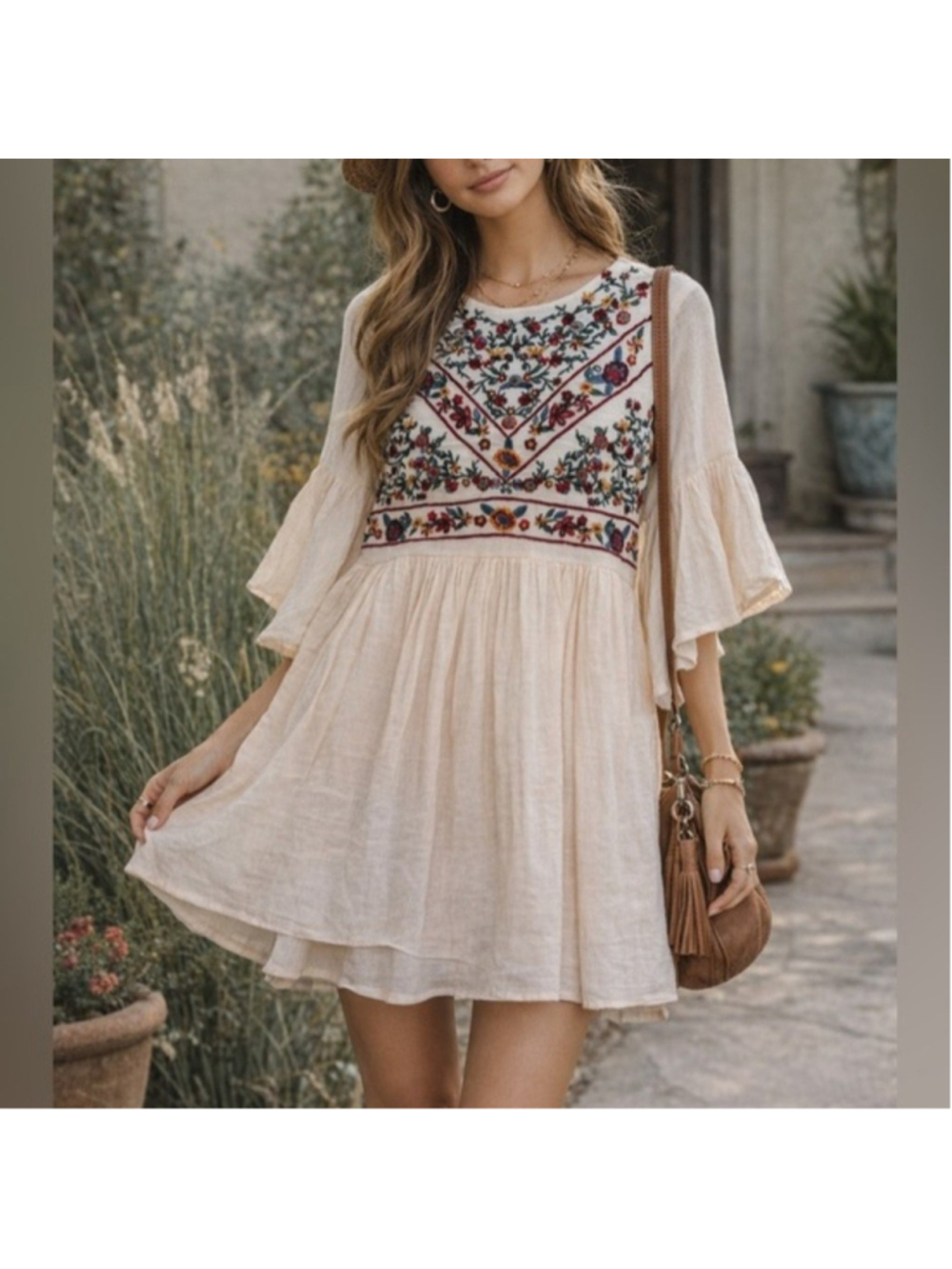 Altar'd State Womens Floral Embroidered Mini Dress Small Cream Boho Hippie Flowy